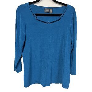 Chico’s Travelers Blue Slinky Top Size 1 M 3/4 Sleeve Metal Ring Neck Packable